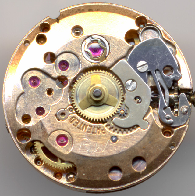 dial side of the 17j red gold version ETA 2412 / Dugena 1201: dial side of the 17j red gold version